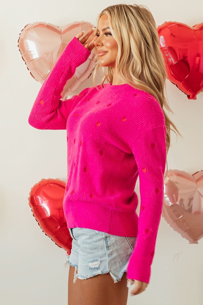 Rose Red Heart Shape Drop Shoulder Round Neck Sweater - Love Salve